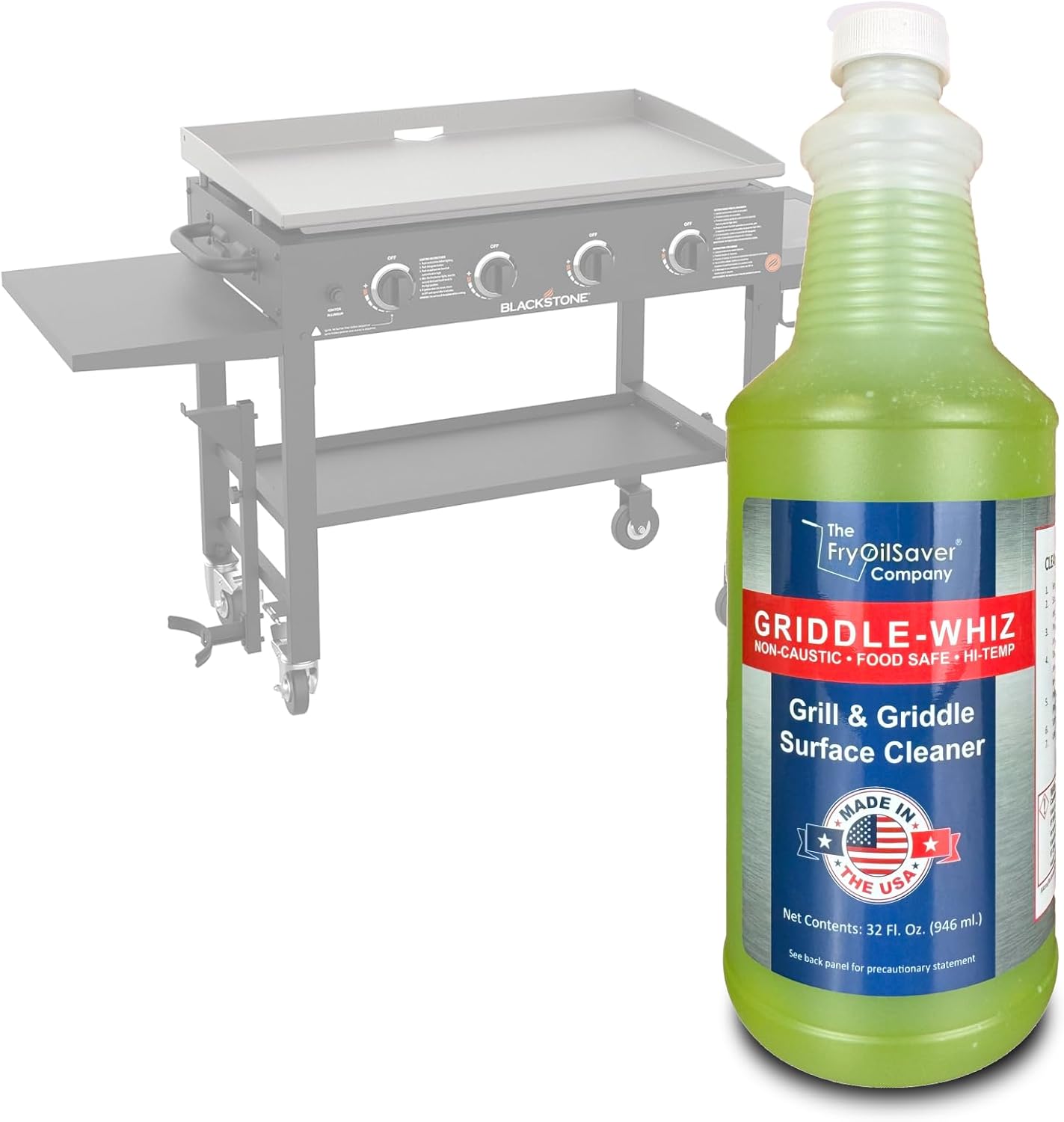 Griddle-Whiz Grill & Griddle Cleaner | Removes Grease, Food Residue, Burnt On Organics | Non-Toxic High Heat Flat Top Grill Cleaner & Food Contact Surface | Non-Caustic Formula by FryOilSaver (32oz)