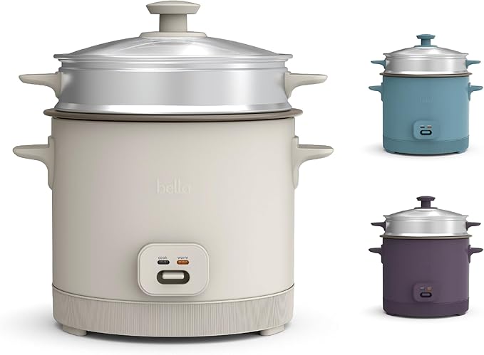bella 16 Cup Rice Cooker with Steamer, Dishwasher Safe Steaming Basket, Rice Paddle and Measuring Cup, Removable Nonstick Cooking Bowl, Automatic Keep Warm Function, 400 Watt, Oatmilk