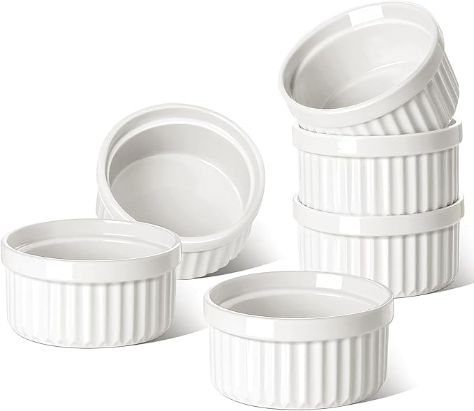 LE TAUCI Ramekins 6 OZ, Ceramic Souffle Dishes, Oven Safe Custard Cups for Baking, Creme Brulee, Pudding, Dessert, Microwave & Dishwasher Safe, Set of 6, White