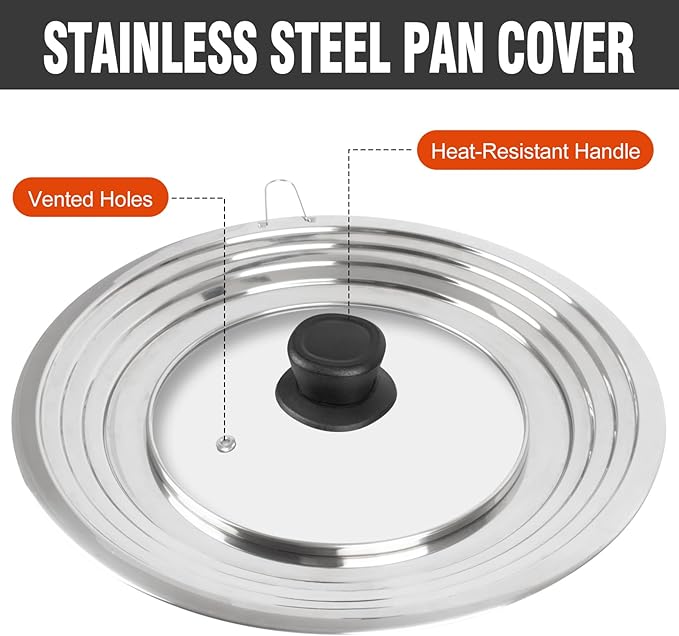 Universal Lids with Tempered Glass Top Fits 6, 7, 8 & 8.2, 9, 10, 11, 12, 12.5 Inch Cookware, Replacement Frying Pan Cover for Pots, Pans and Skillets, Cast Iron Lids for Space Saving