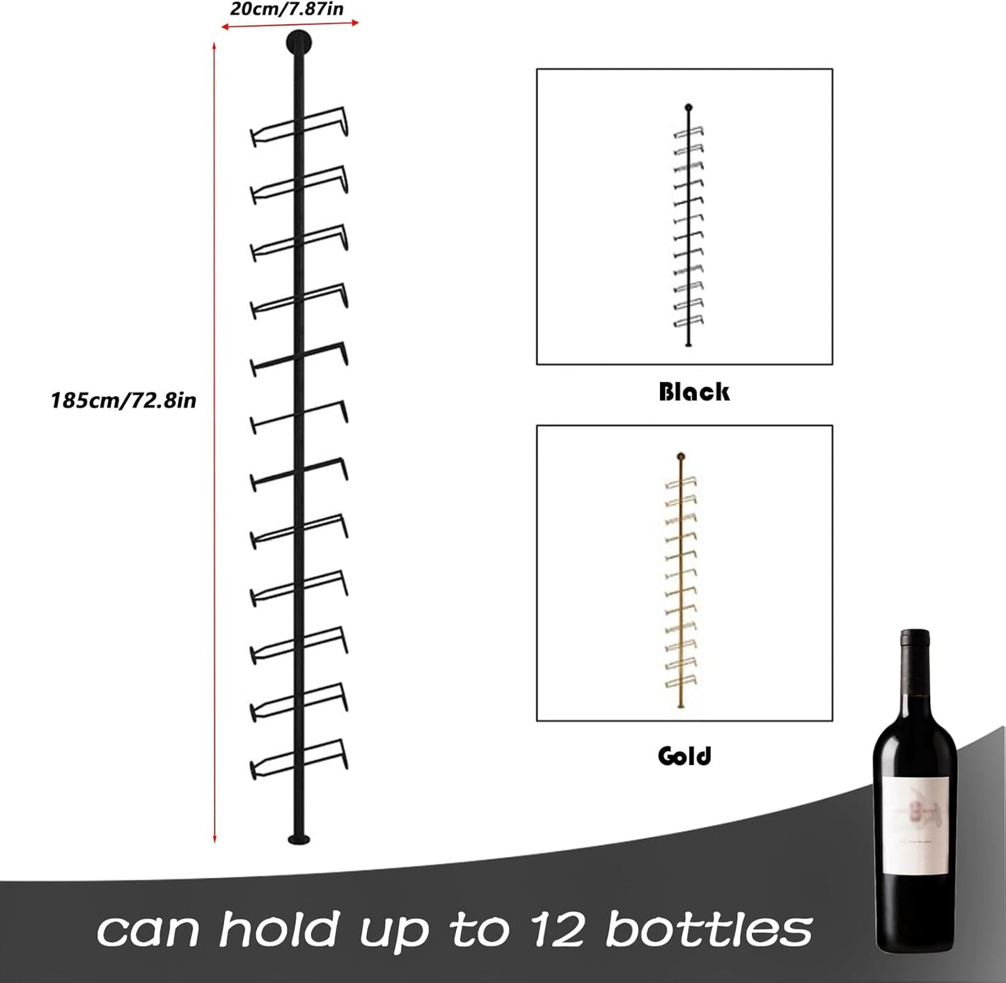 Wine Rack Wall Mounted, 72.8in High Metal Wine Bottle Holder for 12 Bottles, Kitchen Organization and Wine Storage for Commercial Restaurants Pantry Bar Wine Cellar (Black, One row-12 Bottles)