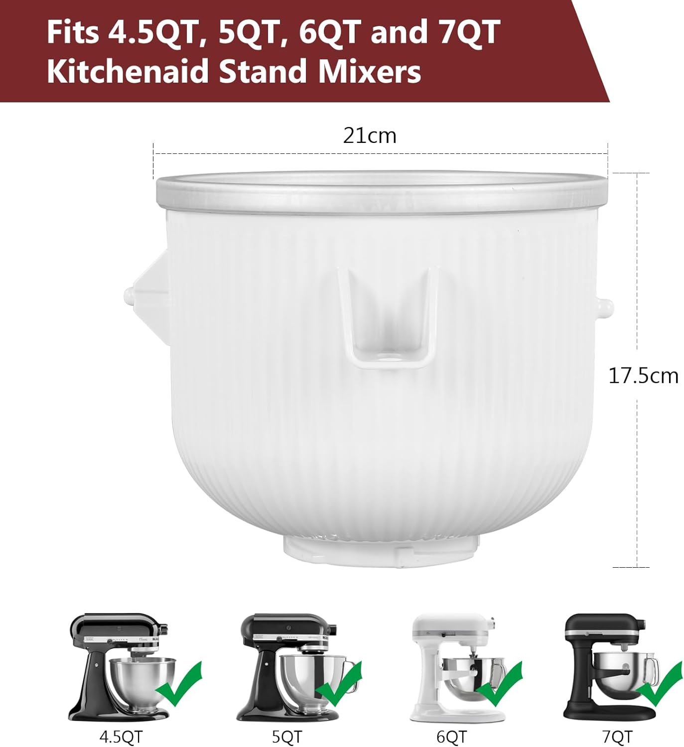 Ice Cream Maker Attachment for Kitchenaid, 2 Quart Frozen Ice Cream Bowl for Stand Mixer 4.5/5/6/7QT, Sorbet Gelato Maker for Homemade Ice, Dessert, Yogurt
