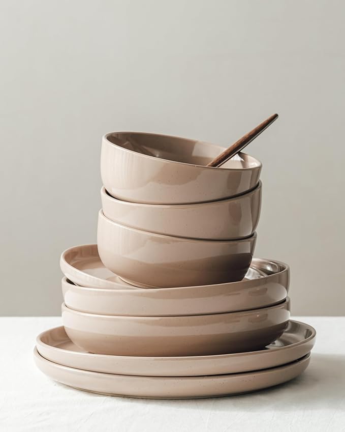Famiware Milkyway Plates and Bowls Set, 12 Pieces Dinnerware Sets, Dishes Set for 4, Cinnamon Brown