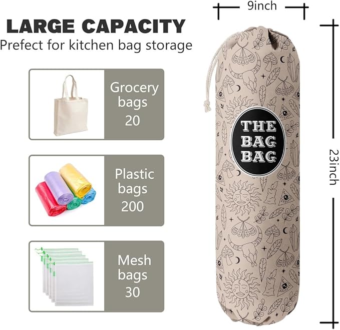 Boho Bag Grocery Bag Holder & Organizer - Wall Mount Plastic Bags Storage Dispenser - Kitchen Gift For Women, Family & Grandma (H-30)