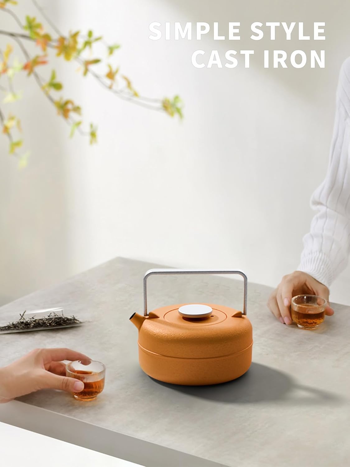 Toptier Teapot with Removable Infuser, Cast Iron Tea Kettle Stovetop Safe, Solid Geometry Cylinder Design Tea Pot Coated with Enameled Interior for 27 Ounce (800 ml), Yellow to Orange
