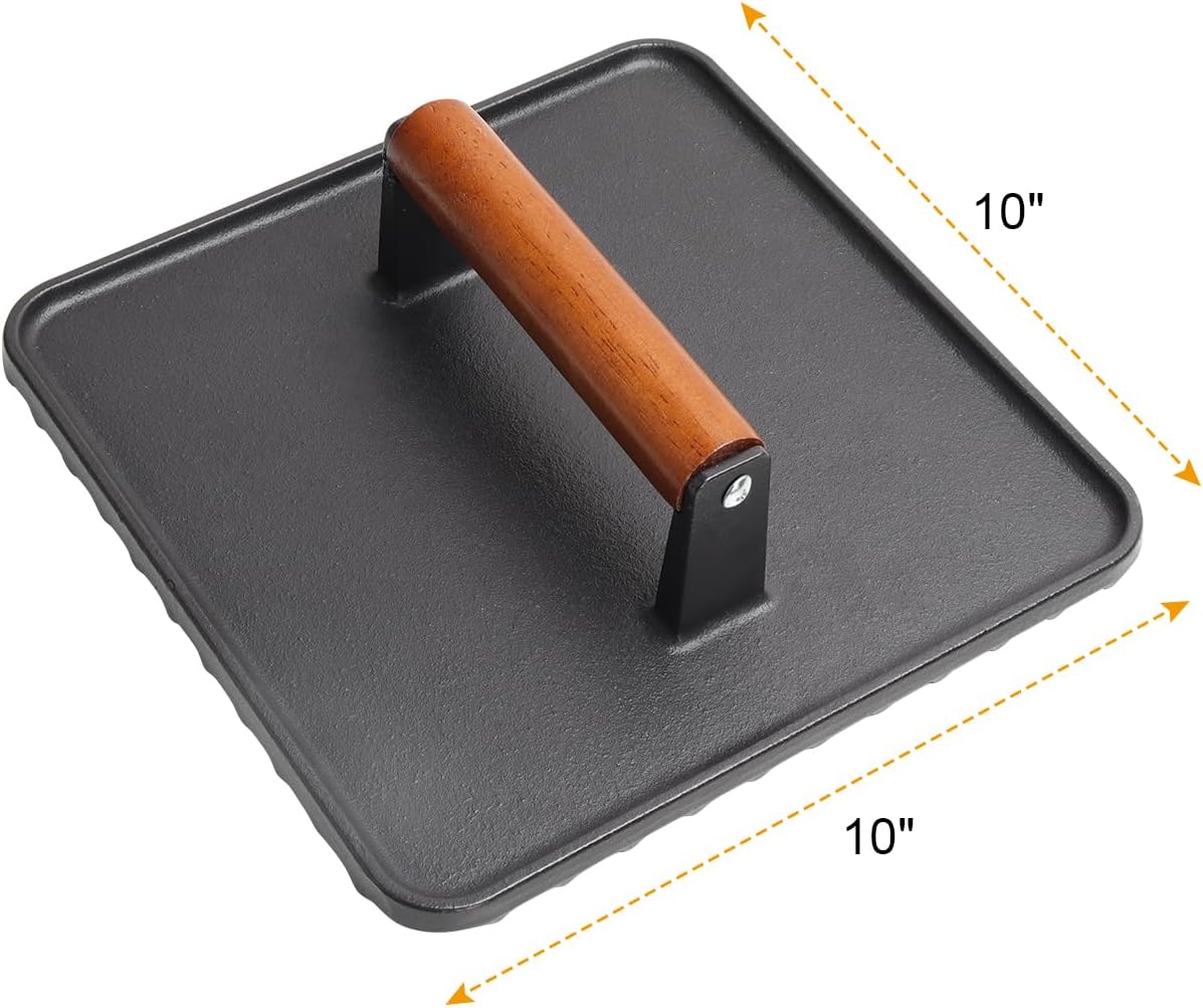 SafBbcue 14" Stainless Steel Rectangle Cheese Melting Domer Basting Cover & Cast Iron Rectangle Griddle Smash Burger Grill Weight Press for Blackstone, Pitboss, Camp Chef Flat Top Grills Accessories