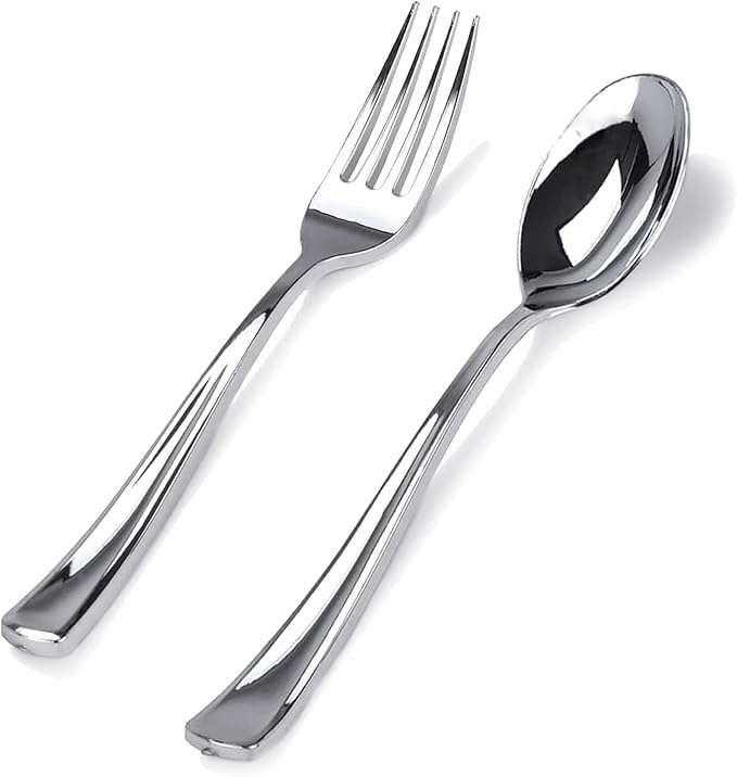 BUCLA 200 Pieces Silver Plastic Silverware - Heavy Duty Disposable Cutlery set - 100 Silver Plastic Forks, 100 Disposable Spoons for Catering, Parties, Dinners, Weddings and Christmas