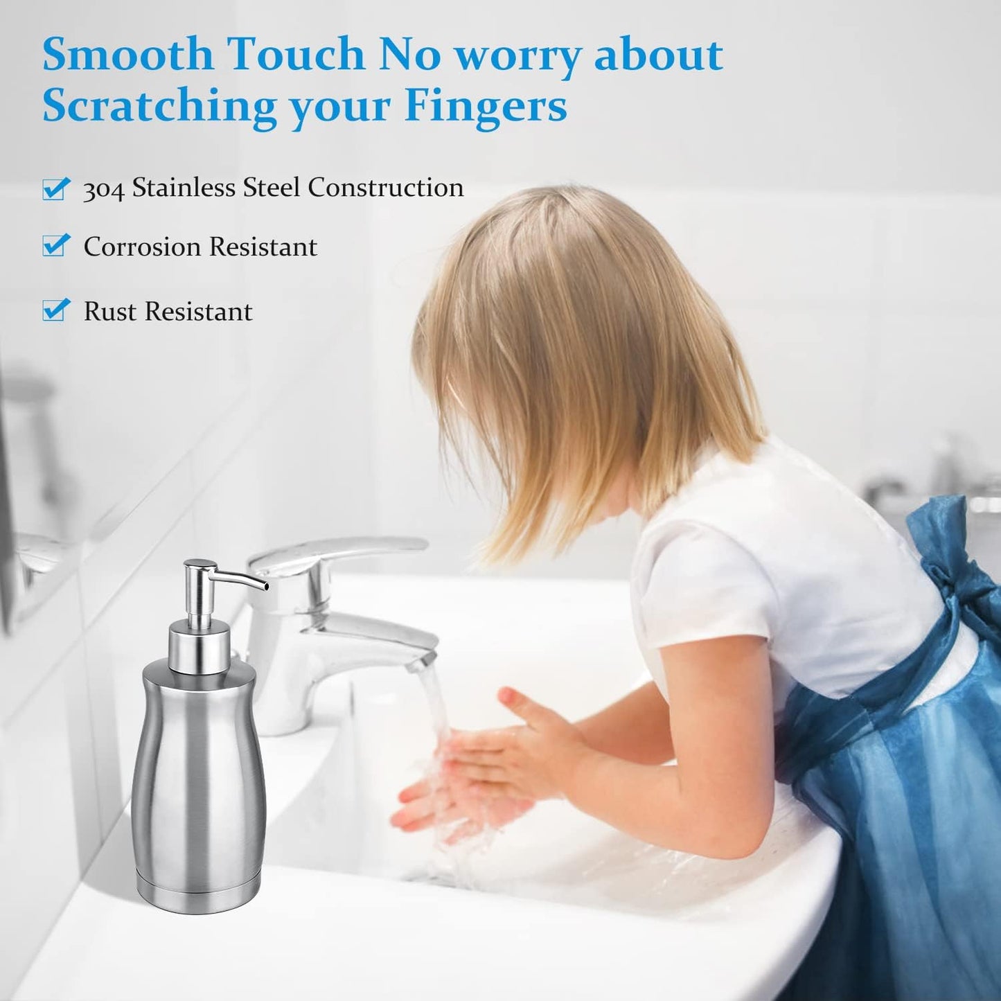 Soap Dispenser Stainless Steel - Brushed Nickel Pump Dispenser Bottle Refillable Liquid Hand Dish Soap Dispenser for Bathroom, Kitchen, Countertop, Silver (13.5 Oz / 400ML)