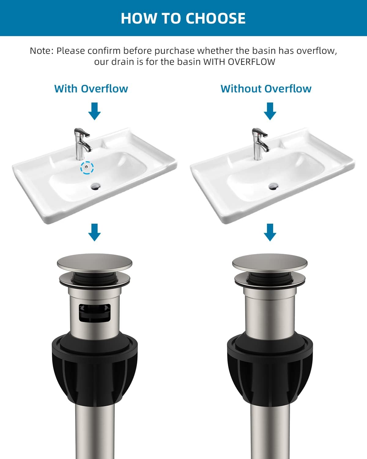 Hibbent 2 Pack Metal Bathroom Sink Drain with Overflow, Push and Seal Pop Up Drain Stopper, Stainless Steel Vessel Lavatory Vanity Sink Drain Stopper, Anti-Clogging Strainer, Brushed Nickel