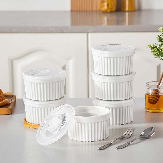 vancasso 10 oz Ramekins with Lid, Porcelain Creme Brulee Souffle Dishes, White Pudding Custard Cups Ramiken for Baking, Dishwasher and Oven Safe, Set of 6