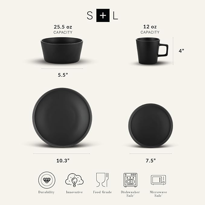 Stone Lain Celina Stoneware 16 Piece Dinnerware Set, Plates and Bowls, Black Matte Dish, Service for 4 – Minimalist Round Style, Microwave & Dishwasher Safe