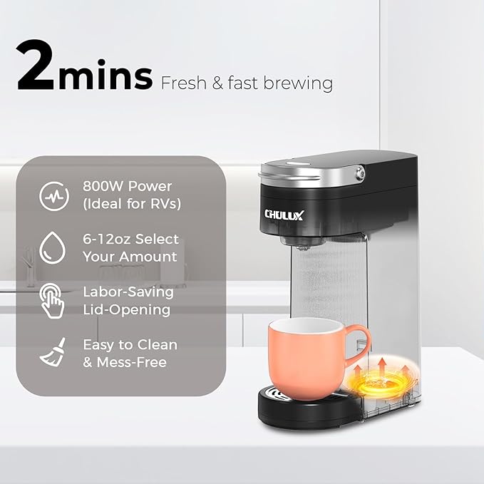 CHULUX Slim Single Serve Coffee Maker for K Pods, One Cup Coffee Maker Fits 7.3" Travel Mugs, Coffee Machine with 6 to 12oz Brew Sizes