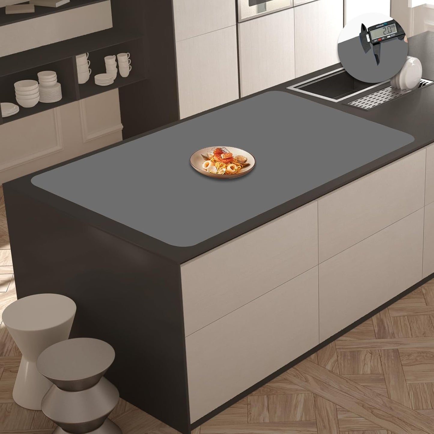 2MM Extra Thick Silicone Mats for Kitchen Counter, 35.4"x23.6" Kitchen Island Largest Heat-Resistant Baking Mat, Thicker Non-slip Desk Protect Mat, Multipurpose Countertop Protector, Dark Gray