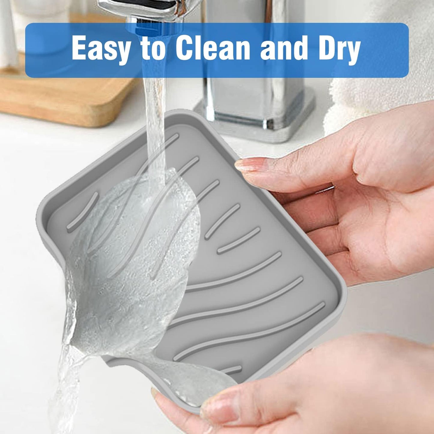 3-Pack Silicone Soap Dish Bar Soap Holder, Self Draining Soap Tray for Shower, Bathroom, Kitchen, Bathtub (Grey)