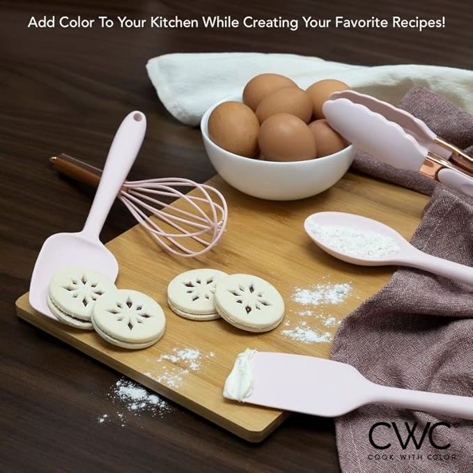 COOK WITH COLOR Silicone Cooking Utensils, Kitchen Utensil Set, Easy to Clean Silicone Kitchen Utensils, Cooking Utensils for Nonstick Cookware, Kitchen Gadgets Set, Standard, Pink
