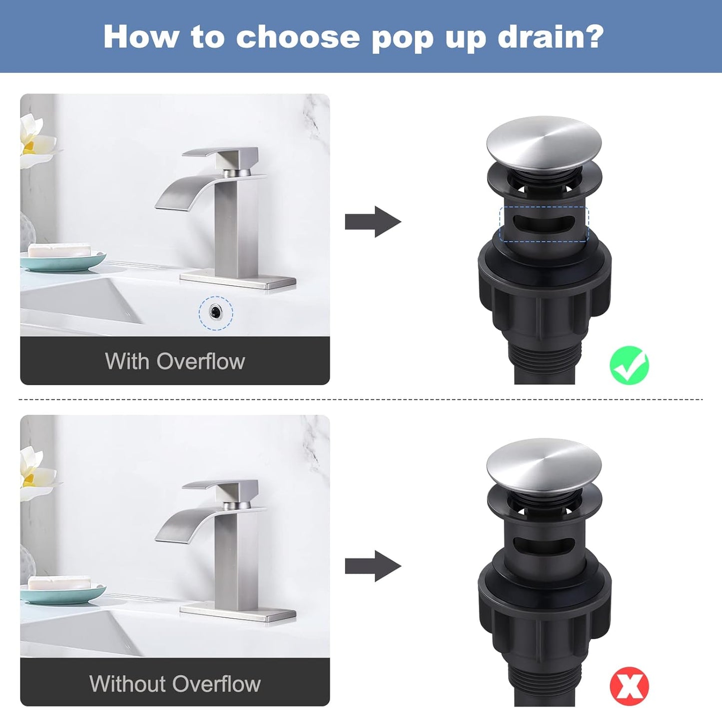 ARCORA Bathroom Sink Drain Brushed Nickel Pop Up Drain with Overflow Vanity Vessel Sink Clicker Drain Stopper