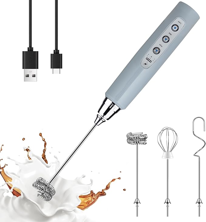YUSWKO Handheld Milk Frother for Coffee, Rechargeable Drink Mixer with 3 Heads 3 Speeds Electric Whisk Coffee Frother For Latte, Cappuccino, Hot Chocolate, Egg - Cement Gray