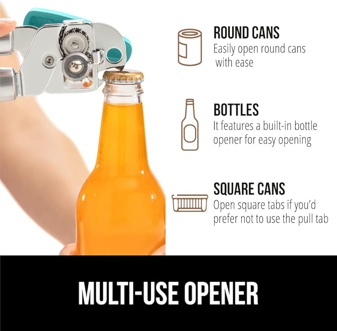 GORILLA GRIP Heavy Duty Stainless Steel Smooth Edge Manual Can Opener and Bottle Openers, Soft Comfortable Handle, Oversized Handheld Turn Knob, US Designed Multifunctional Kitchen Tool, Turquoise