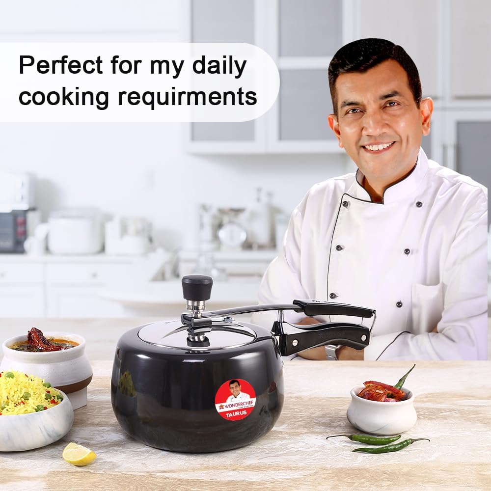 Wonderchef Taurus Hard Anodized Inner Lid Pressure cooker, 3 liter, Cool Touch Handles for Durability, Induction Friendly, 5 year warranty, ISI Certified3 LitresBlack