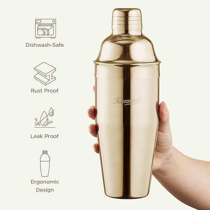 KITESSENSU Cocktail Shaker Set, Stainless Steel Bartending Kit with 25 Ounce Cocktail Shaker with Built in Drink Strainer, Measuring Jigger, Mixing Spoon & Drink Recipe Guide, Gold