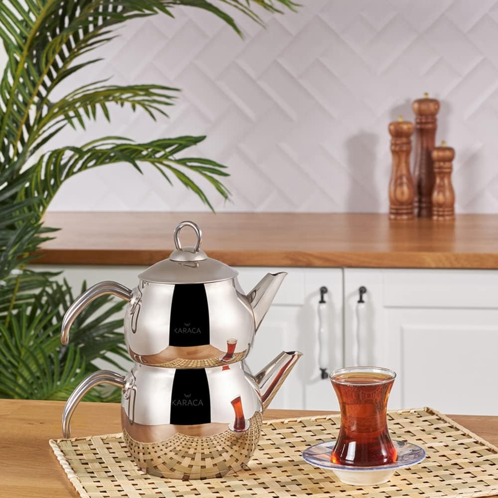 Karaca Adelya Stainless Steel Induction Teapot Set with 0.65L Teapot & 1.1L Tea Kettle, Traditional Turkish Tea Set Brewing System, Dishwasher Safe, Silver