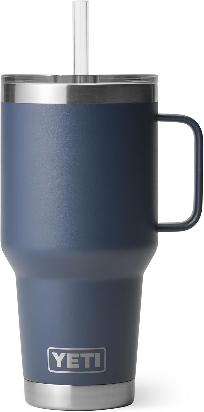 YETI Rambler 35 oz Tumbler with Handle and Straw Lid, Travel Mug Water Tumbler, Vacuum Insulated Cup with Handle, Stainless Steel, Navy