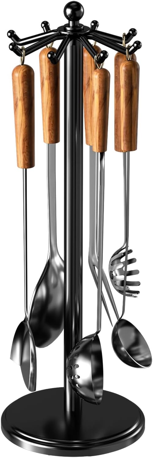 Kitchen Countertop Utensil Holder, Stainless Steel Rotatable Cooking Utensils Holder with 8 Rotating Hooks, Hanging Organizer for Spoon, Spatula, Black