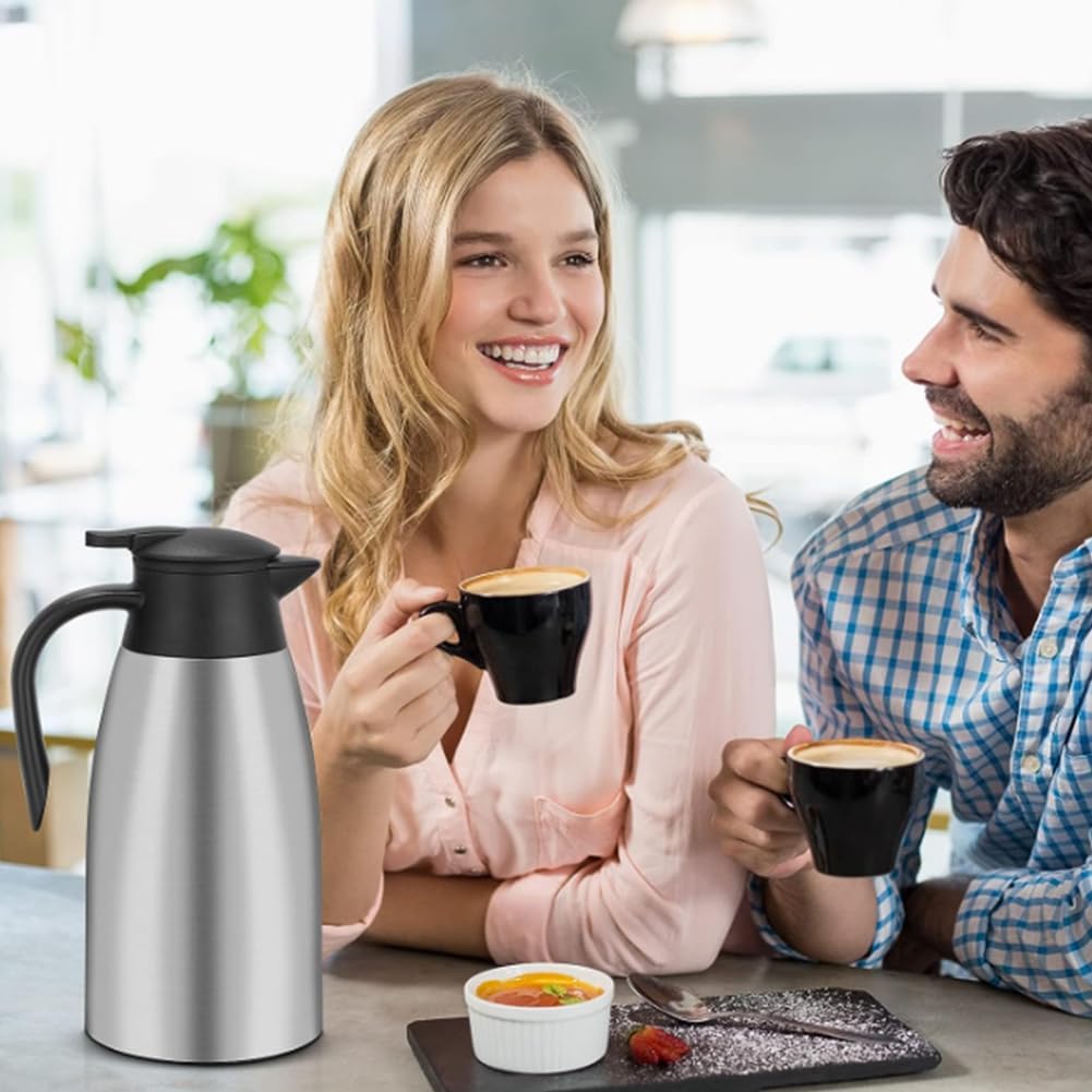 Thermal Coffee Carafe 70 oz / 2L Insulated Stainless Steel, Coffee Carafes Double Walled Vacuum Pot Flask - Hot Beverage Dispenser/Water, Tea - Keep 12/24 Hours Hot/Cold (Silver)