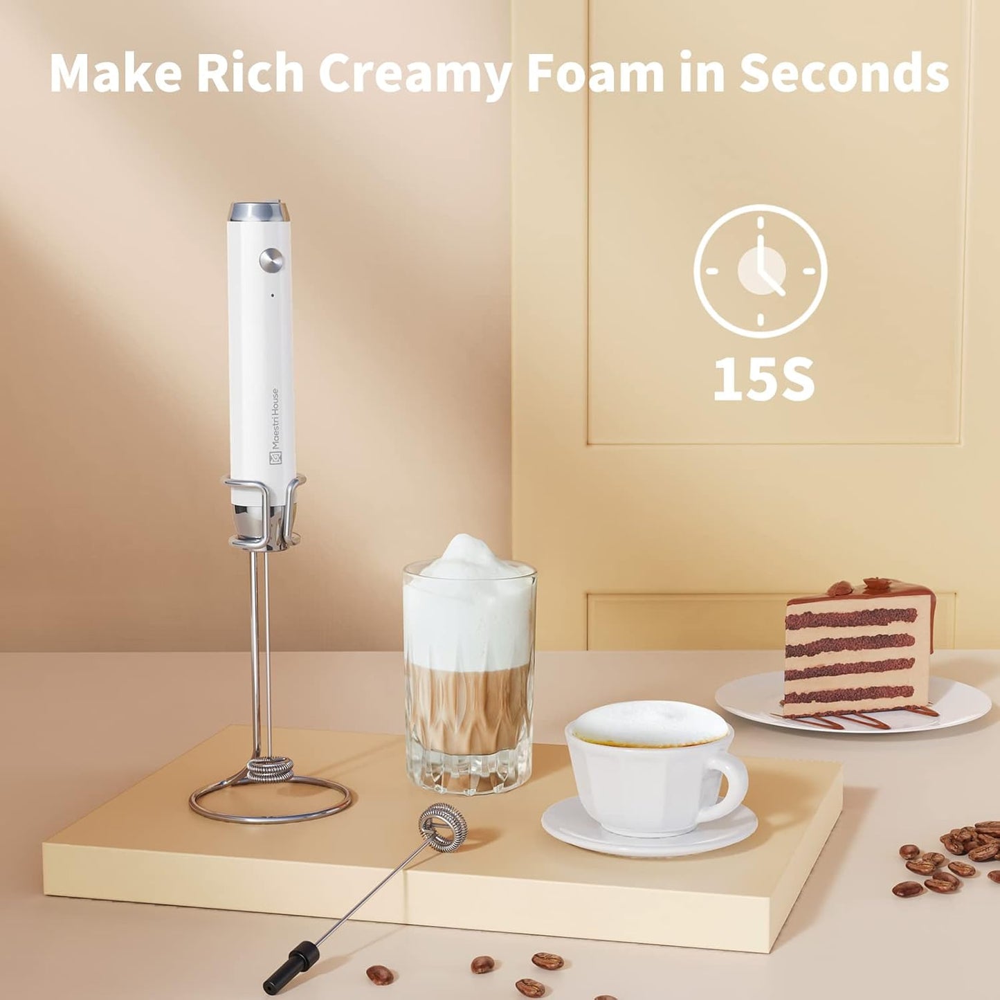 Maestri House Rechargeable Milk Frother with Stand, LunaFro Handheld Electric Foam Maker Waterproof Detachable Stainless Steel Whisk Drink Mixer Foamer for Lattes, Cappuccino