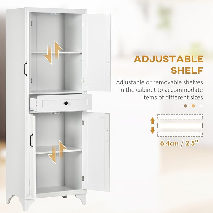 HOMCOM 67" Tall Freestanding Kitchen Pantry Cabinet, 4-Door Storage Cabinet with Drawer and Adjustable Shelves for Dining Room, White