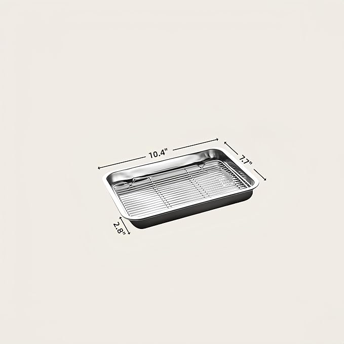 Roasting Pan Heavy Duty Stainless steel Turkey Pans for Oven,Toaster Oven Tray Pans with cooling rack,Hotel Pan, Barbeque Grill Pan,Deep Edge,Mirror treatment, Dishwasher Safe (10.4"x7.7"x2.8")