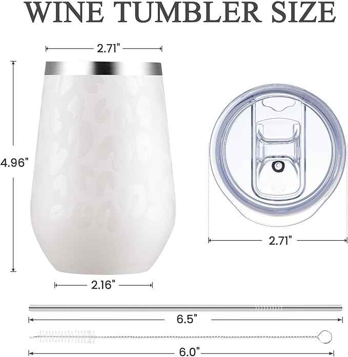 MEWAY 12oz Insulated Wine Tumbler with Press-In Lid, Double Wall Vacuum Stainless Steel Travel Tumbler with Straw,Travel Cup for Coffee and Drinks, Gift for Woman Under 10 dollars(Almond Leopard,1)