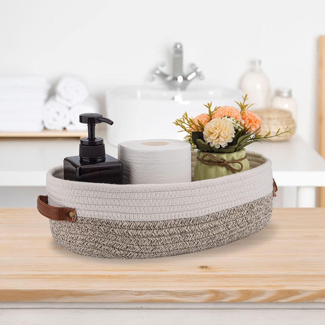 2 Pack Woven Storage Basket for Toilet Tank Top,Farmhouse Home Decor Organizing Basket for Bathroom,Table and Counter 13"x5.9"x4" Apricot Stitching White