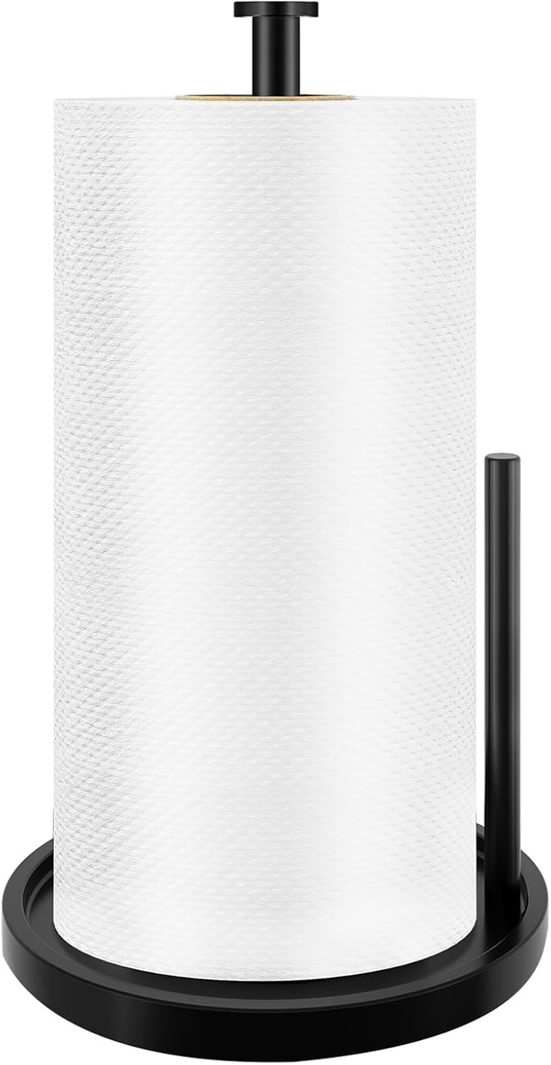 Paper Towel Holder Countertop, Standing Paper Roll Holder with Anti Slip Weighted Base, Stainless Steel Freestanding Paper Towel Holder for Kitchen, Black
