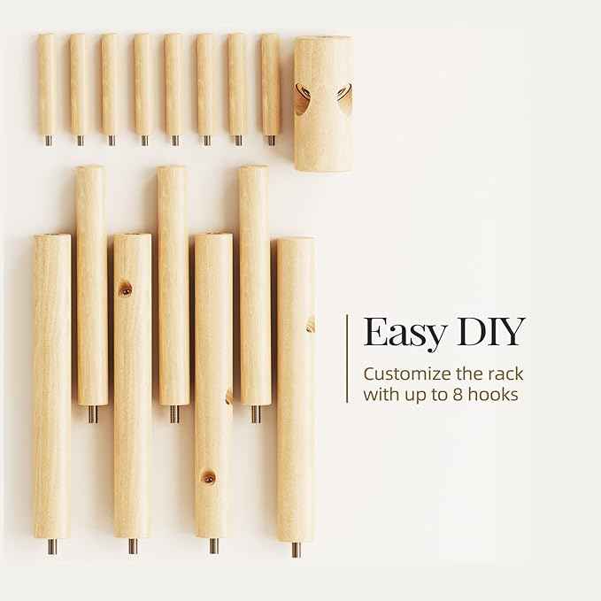 Pipishell Coat Rack Sturdy Wooden Coat Rack Stand, Adjustable Coat Tree, Free Standing Tree Hanger with 4 Sections & 8 Hooks, for Home/Bedroom/Office/Hallway/Entryway