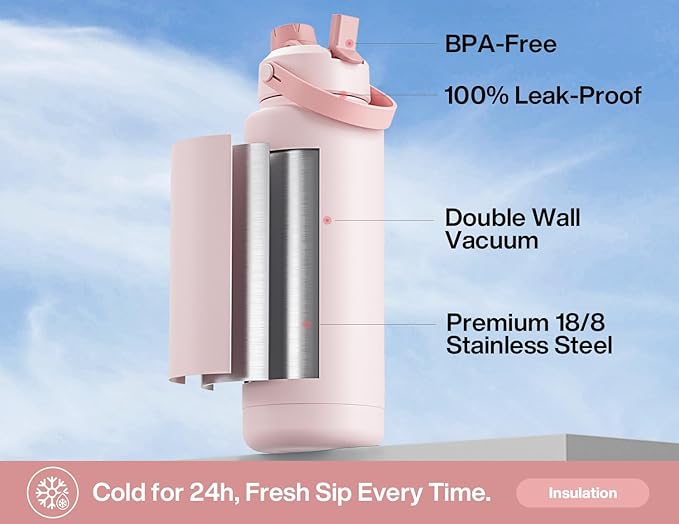 POWCAN 40 oz Insulated Water Bottle with 2-in-1 Straw and Spout Lid, Keep Cold 24H, Leak-Proof, BPA-Free, Double Wall Stainless Steel Water Bottle for Sports, Gym, Travel, and School (Cotton Candy)
