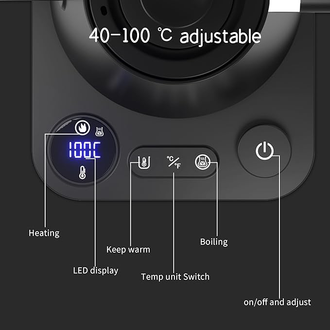 RHD Electric Gooseneck Kettle with LCD Display, Real-Time Temp Control Hot Water Boiler to Pour Over Coffee, Brew Tea, Switchable ℉/℃, 1200 Watt Quick Heating Pot, 0.9L, 304 Stainless Steel,Matt Black