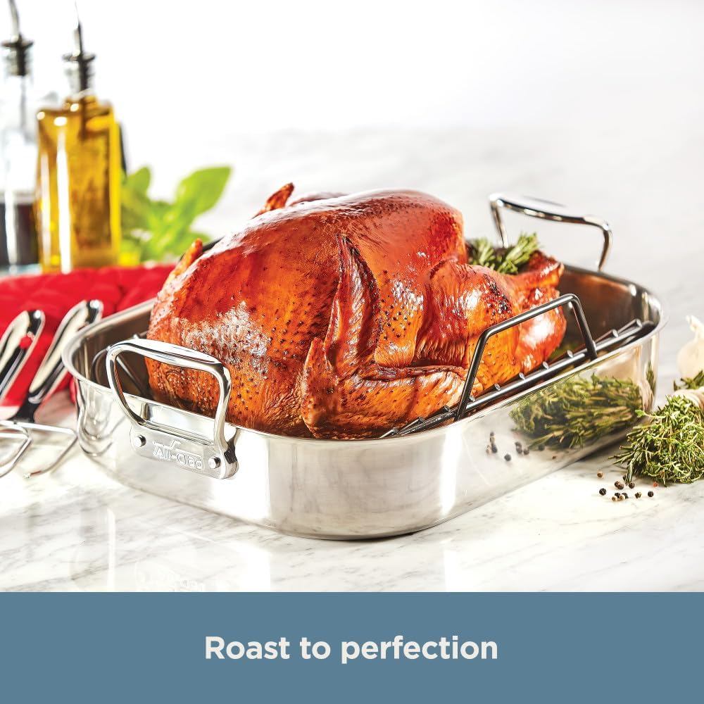 All-Clad Specialty Stainless Steel Roaster and Nonstick Rack 16x13x5 Inch Oven Broiler Safe 600F Roaster Pan, Pots and Pans, Bakeware, Turkey, Silver