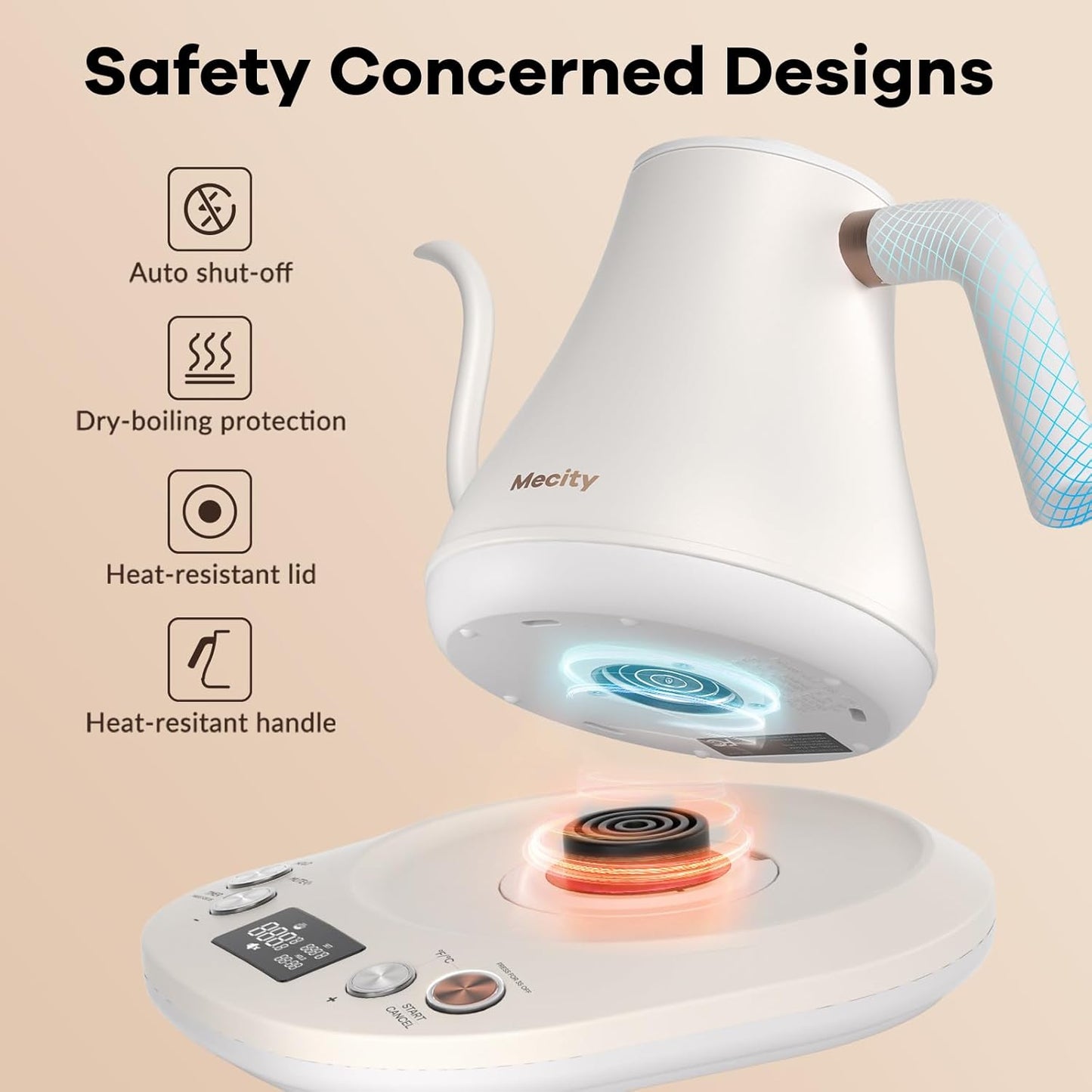 Mecity Electric Gooseneck Kettle With Keep Warm Function & LCD Display Automatic Shut Off Coffee Kettle Temperature Control Pour Over Kettle 1200 Watt, 0.8L, 120V, Off White