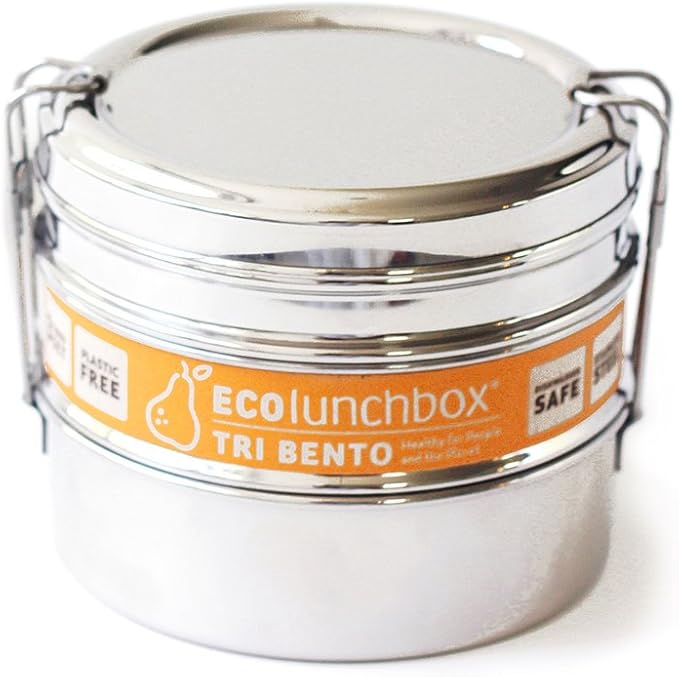 ECOlunchbox Tri Bento 3-Tier Stainless Steel Lunch Box | 4.5 Cups (36 oz) Capacity | 5.25 x 5.25 x 4 inches (13.5 x 13.5 x 10 cm) | Perfect for Meal Prep, Snacks & Portion Control | Durable, BPA Free