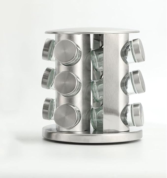 Spice Rack, Spice Rack Organizers for Countertop, Rotating Countertop Spice Rack, Revolving Spice Rack for Kitchen, Kitchen Gadgets, Organizer Rack with Spice Jars (Silver, RoundHead_12Jars)