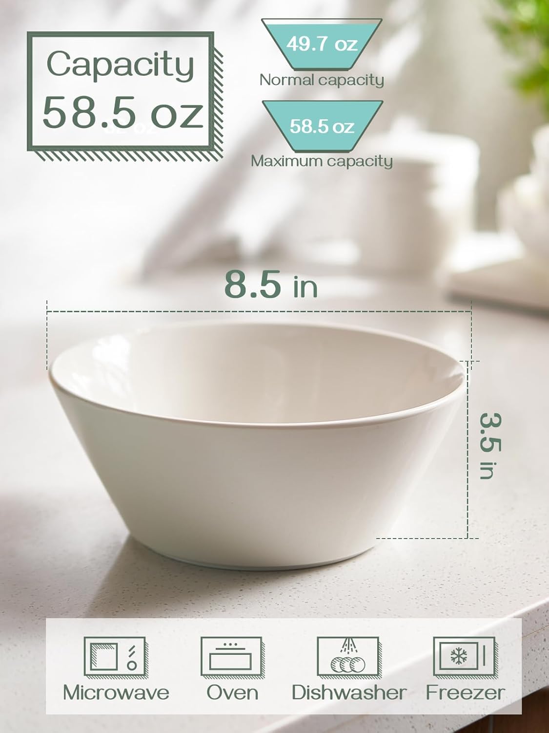 DOWAN 58.5 OZ Large Ceramic Salad Bowls Set of 4 - Microwave & Dishwasher Safe, Ideal for Salad, Fruit, Pasta, Snacks, Oatmeal - Soup Bowls Set for Restaurant, Party, Daily Use, Wedding, Off-White