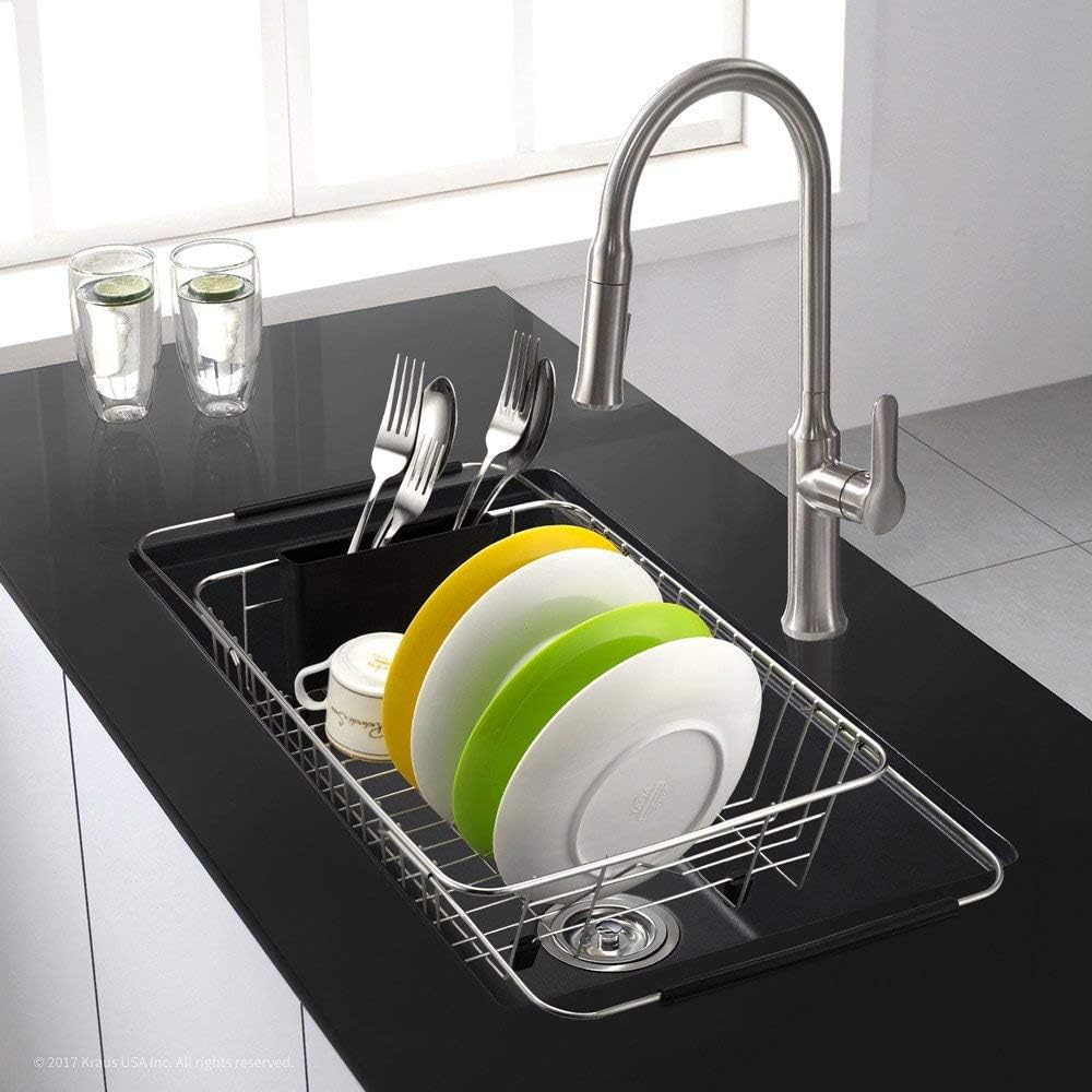 SANNO Expandable Dish Drying Rack,Dish Drainer,Dish Plate Holder Basket in Sink or On Counter with Utensil Silverware Storage Holder, Over The Sink,Rustproof Stainless Steel