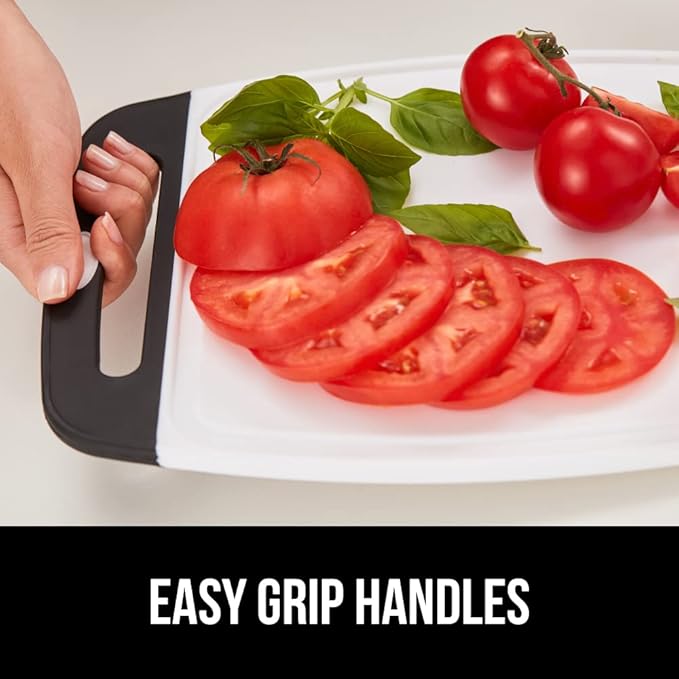 GORILLA GRIP BPA-Free Reversible Kitchen Cutting Board Set of 3, US Designed, Nonporous, Juice Grooves Catch Liquid, Slip Resistant Border, Dishwasher Safe Large Food Chopping Boards, Black Aqua Gray