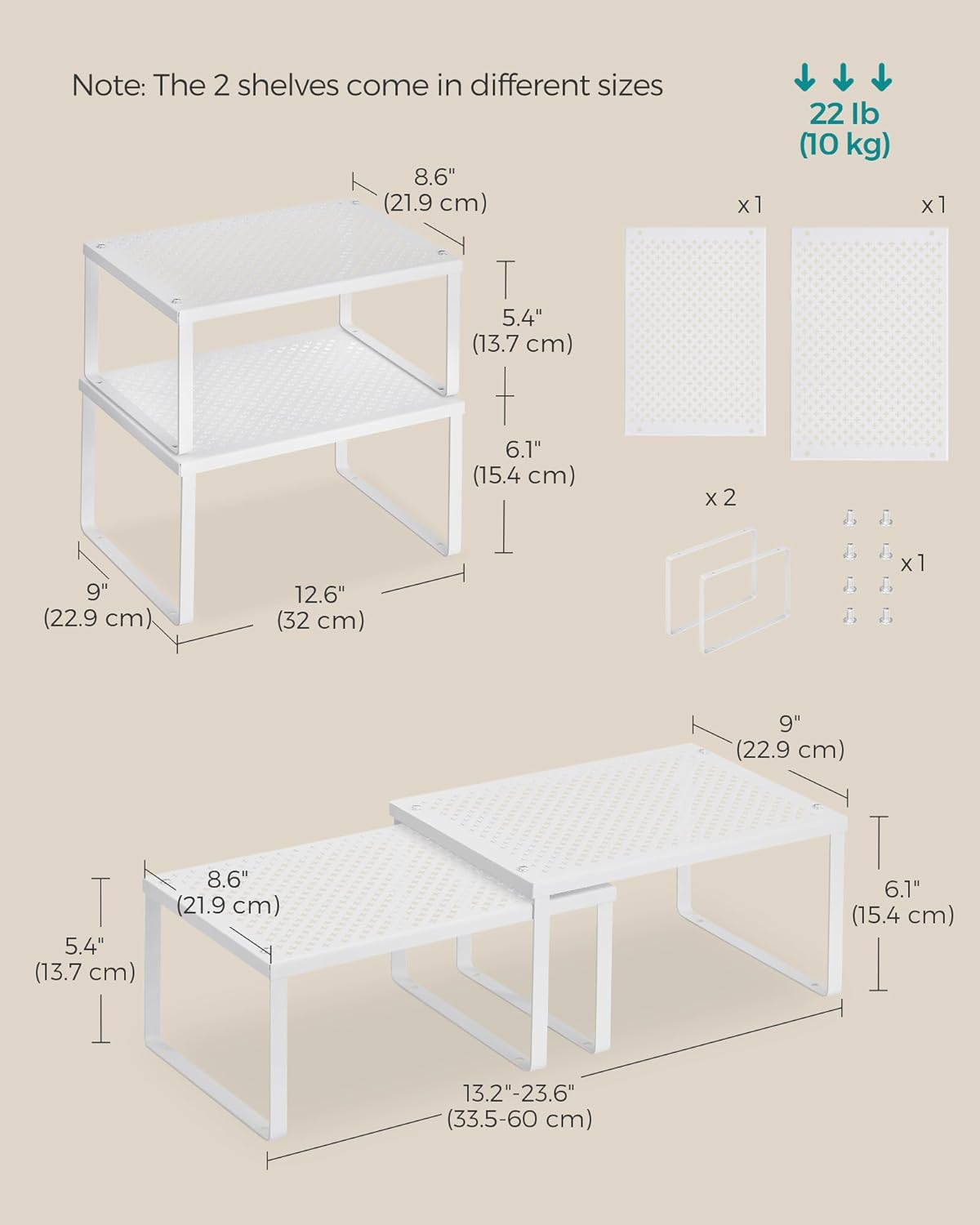 SONGMICS Spice Racks, Set of 4 Metal Cabinet Shelf Organizers, Countertop Organizers, Shelf Risers, Stackable, Expandable, White UKCS006W01