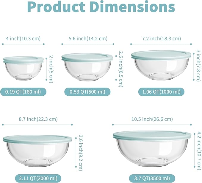 WhiteRhino Glass Mixing Bowl with Lids Set of 5, 0.2, 0.5, 1.1, 2.1, 3.75 QT, Large Salad Bowls with BPA-Free Lids, Space-Saving Nesting Bowls for Kitchen Food Storage, Glass bowl for Cooking, Baking