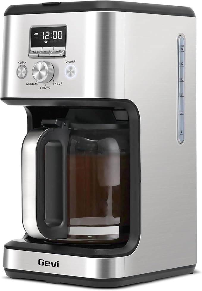 Gevi 14-Cup Programmable Coffee Maker, Drip Coffee Machine with Normal & Strong Brew for Home and Office, Glass Carafe, 2-Hour Keep Warm, Pause & Serve, Auto Shut Off, Silver