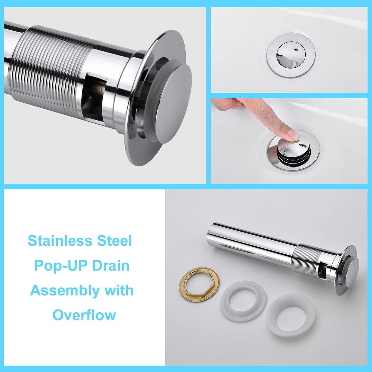 CREA Bathroom Sink Drain Chrome, Sink Stopper Pop Up Drain for Bathroom Vanity Kitchen Sink with Overflow