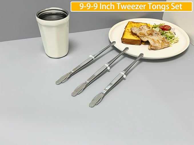 JETKONG 3 Pcs Serving Tweezer Tongs 9-Inch Cooking Tweezers Kitchen Tweezers (9 9 9 Inch, Silver)