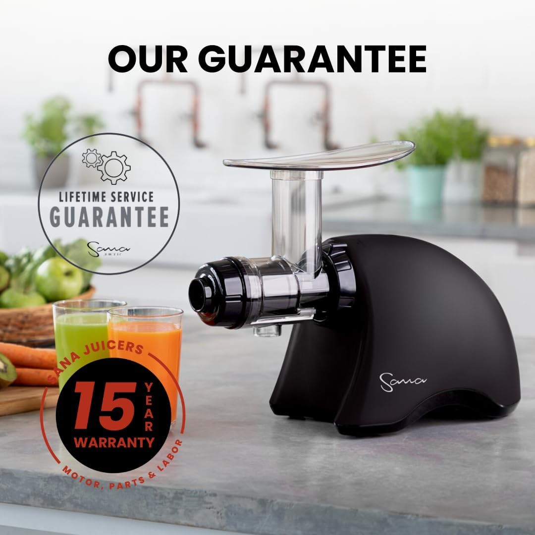 Cold Press SANA 707 Classic Horizontal Single Auger Low Speed Juicer | Easy Clean, Powerful, Auto Feed, Celery Attachment, Frozen Desserts, Pasta Extrusion, 15 Year Warranty, Black
